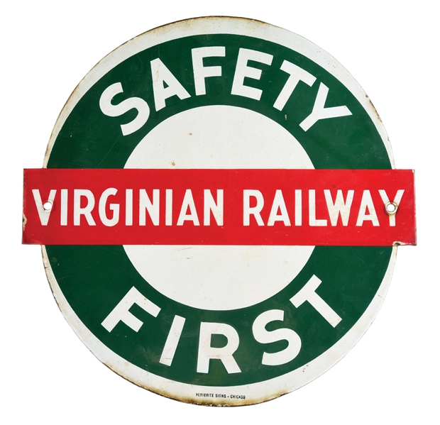 VIRGINIAN RAILWAY SAFETY FIRST PORCELAIN SIGN. 