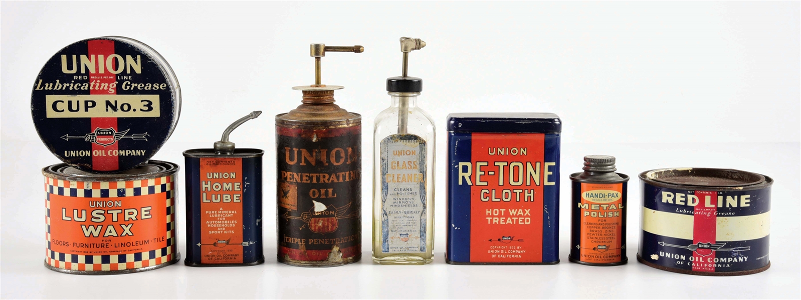 LOT OF 8: EARLY UNION OIL COMPANY PETROLEUM PRODUCT CANS & BOTTLES. 