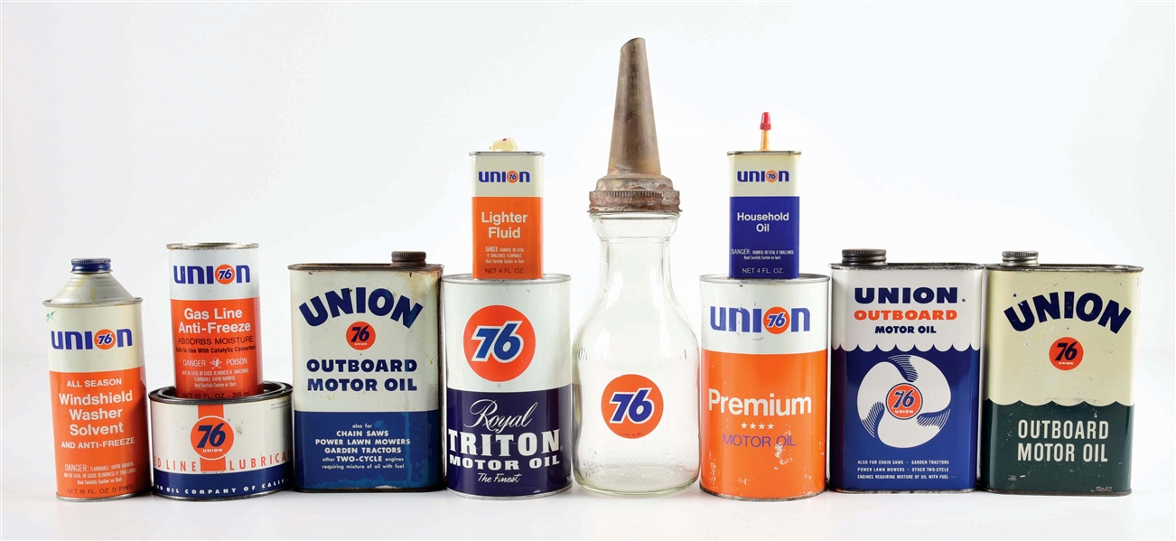 LOT OF 11: UNION 76 MOTOR OIL CANS & PETROLEUM PRODUCTS.