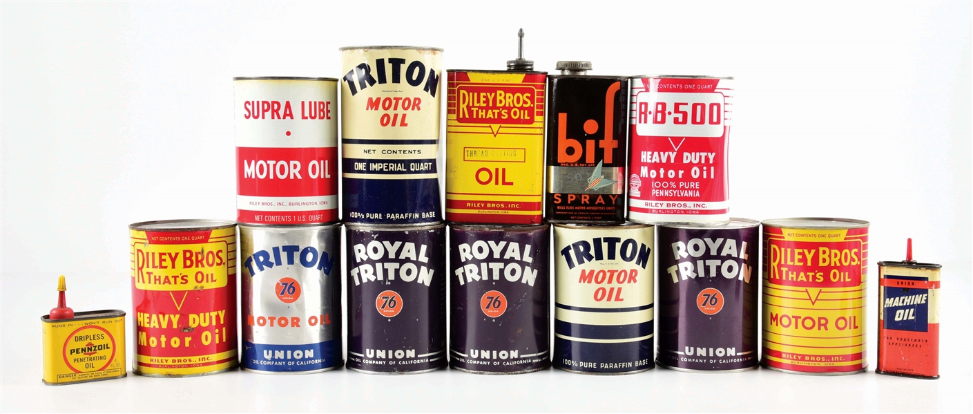 LOT OF 14: VARIOUS OIL CANS FROM UNION 76, PENNZOIL & RILEY BROS. 