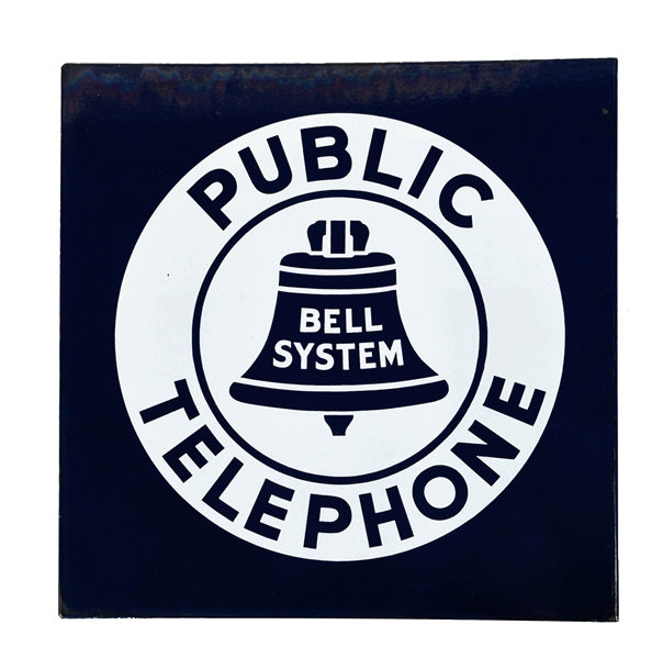 BELL SYSTEM FLANGED PUBLIC TELEPHONE PORCELAIN SIGN.