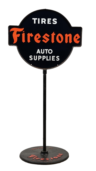 FIRESTONE TIRES & AUTO SUPPLIES DIE CUT PORCELAIN LOLLIPOP SIGN. 