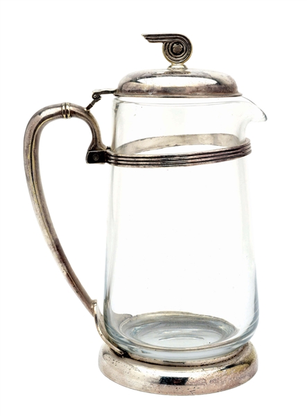 MILWAUKEE ROAD MEDIUM SILVER AND GLASS PITCHER.