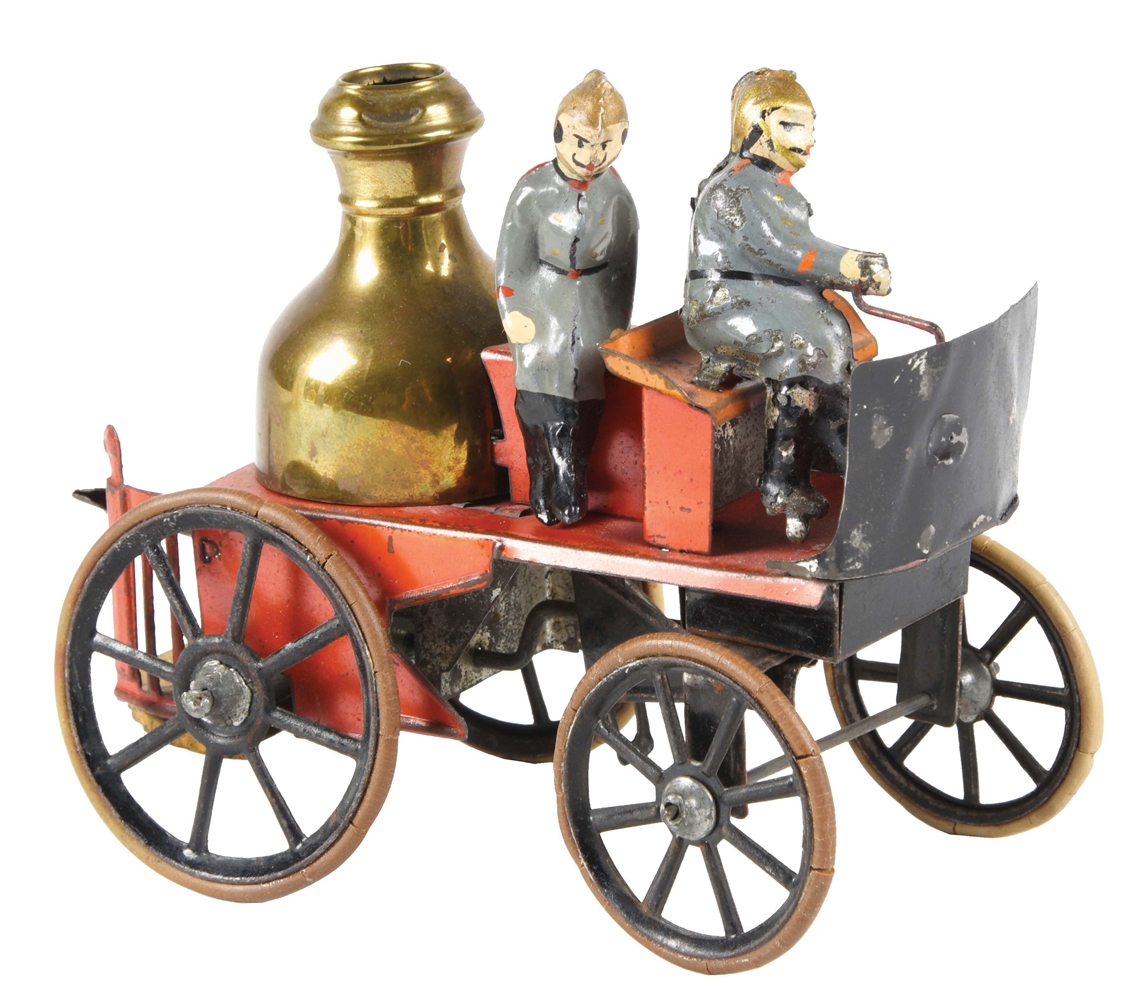 EARLY GERMAN TIN LITHO AND HAND PAINTED CLOCKWORK FIRE PUMPER TOY.