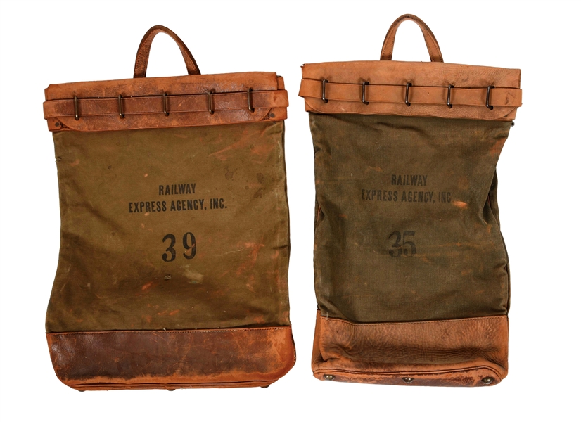 LOT OF 2: CANVAS AND LEATHER RAILWAY MAIL BAGS.