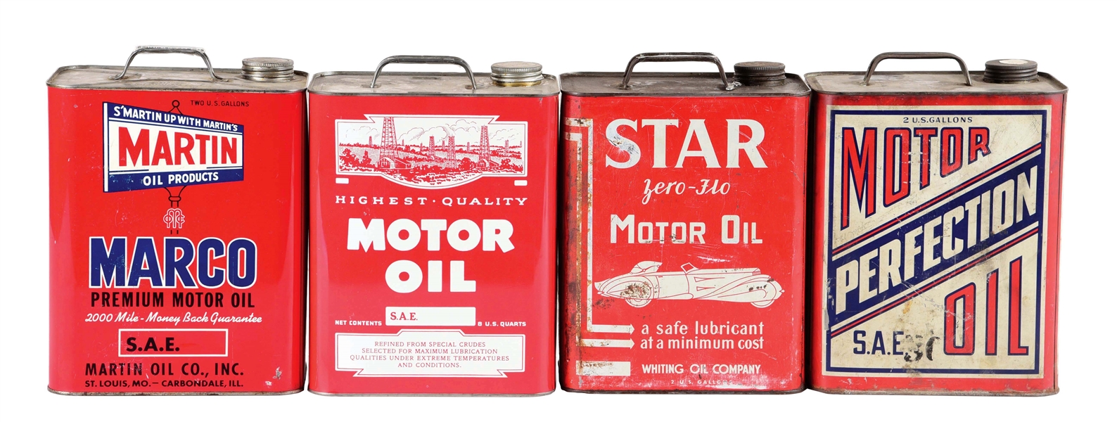 LOT OF 4: TWO GALLON OIL CANS FROM LUBROIL, PERFECTION, MARTIN & STAR MOTOR OILS. 