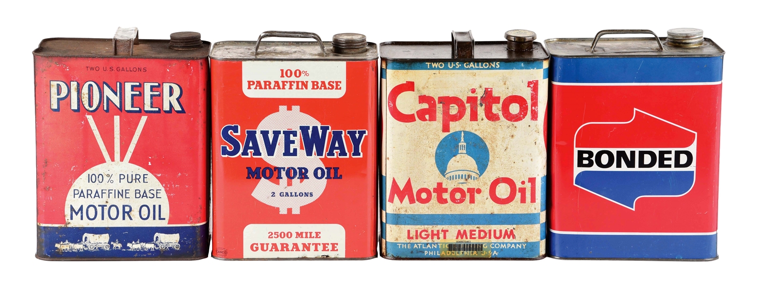 LOT OF 4: TWO GALLON OIL CANS FROM CAPITOL, SAVE-WAY, BONDED & PIONEER MOTOR OILS. 
