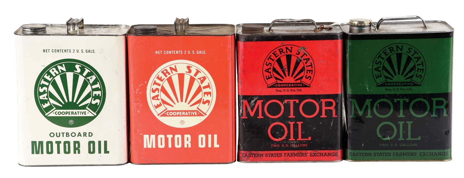 LOT OF 4: TWO GALLON OIL CANS FROM EASTERN STATES MOTOR OILS. 