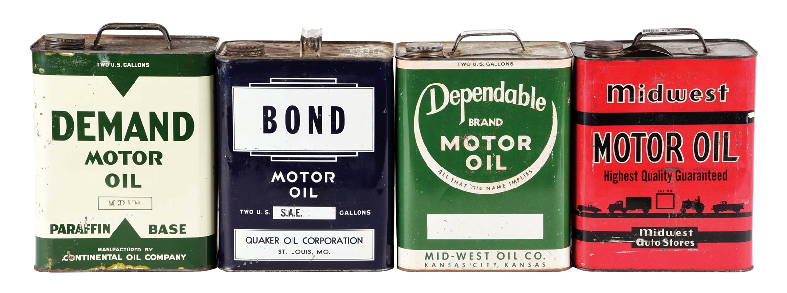 LOT OF 4: TWO GALLON OIL CANS FROM MIDWEST, DEPENDABLE, DEMAND & BOND MOTOR OILS. 