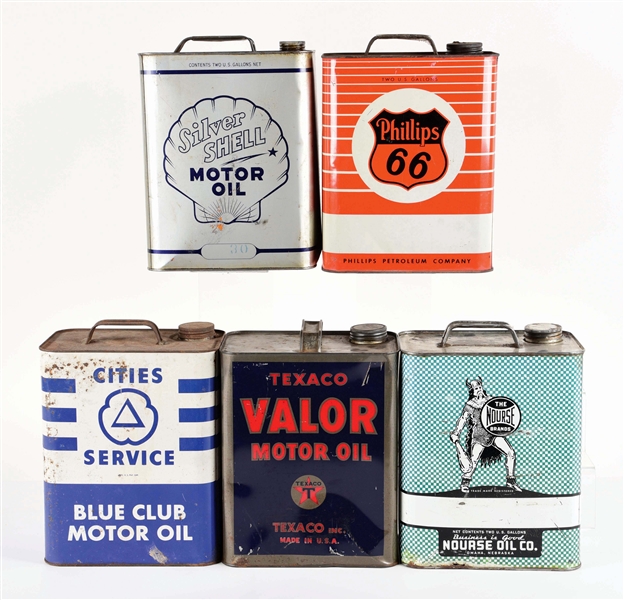 LOT OF 5: TWO GALLON MOTOR OIL CANS FROM PHILLIPS 66, NOURSE, SHELL, TEXACO VALOR & CITIES SERVICE. 