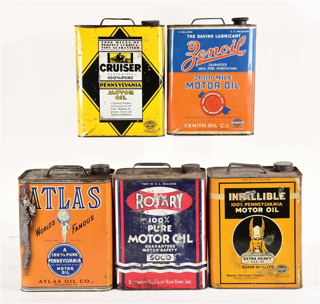 LOT OF 5: TWO GALLON OIL CANS FROM ATLAS, INFALLIBLE, ROTARY, ZENOIL & CRUISER MOTOR OILS. 