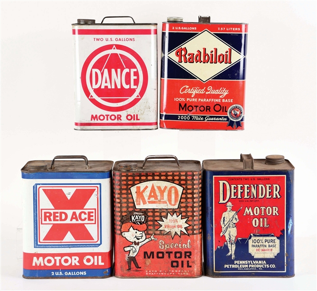 LOT OF 5: TWO GALLON OIL CANS FROM KAYO, DEFENDER, RED ACE, RADBIOIL & DANCE MOTOR OILS. 