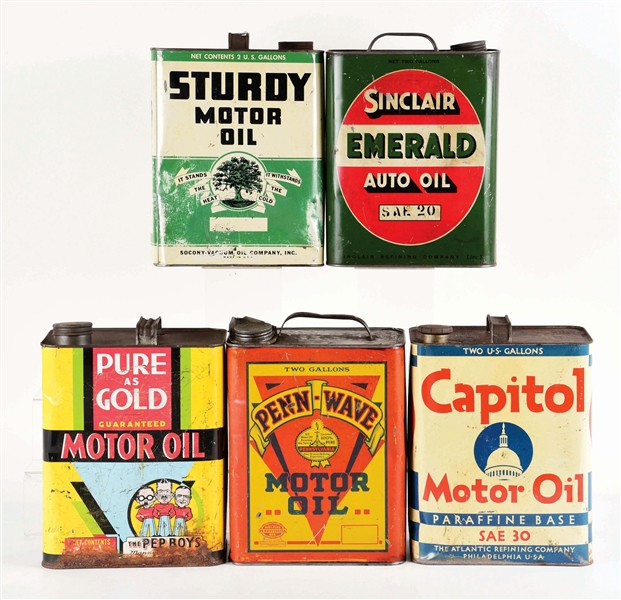 LOT OF 5: TWO GALLON OIL CANS FROM PENN WAVE, PEP BOYS, CAPITOL, SINCLAIR & STURDY MOTOR OILS. 