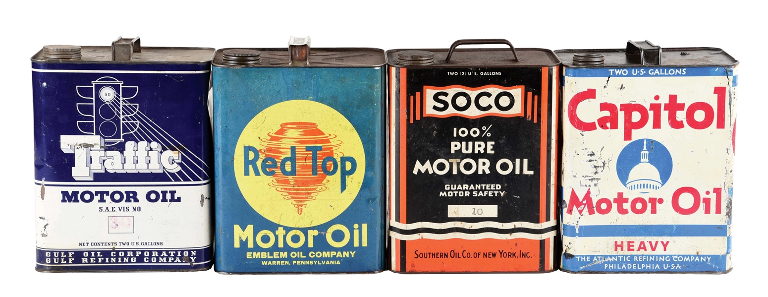 LOT OF 4: TWO GALLON MOTOR OIL CANS FROM SOCO, CAPITAL, TRAFFIC & RED TOP MOTOR OILS. 