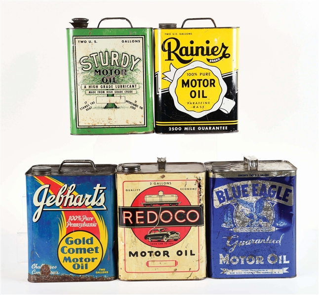 LOT OF 5: TWO GALLON OIL CANS FROM REDOCO, GEBHARTS, BLUE EAGLE, RANIER & STURDY MOTOR OILS. 