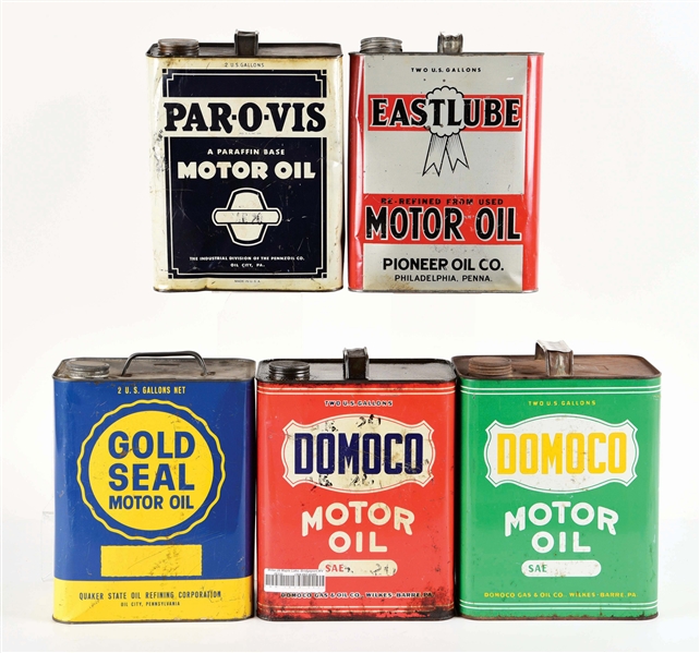 LOT OF 5: TWO GALLON OIL CANS FROM EASTLUBE, DOMOCO, PAROVIS & GOLD SEAL