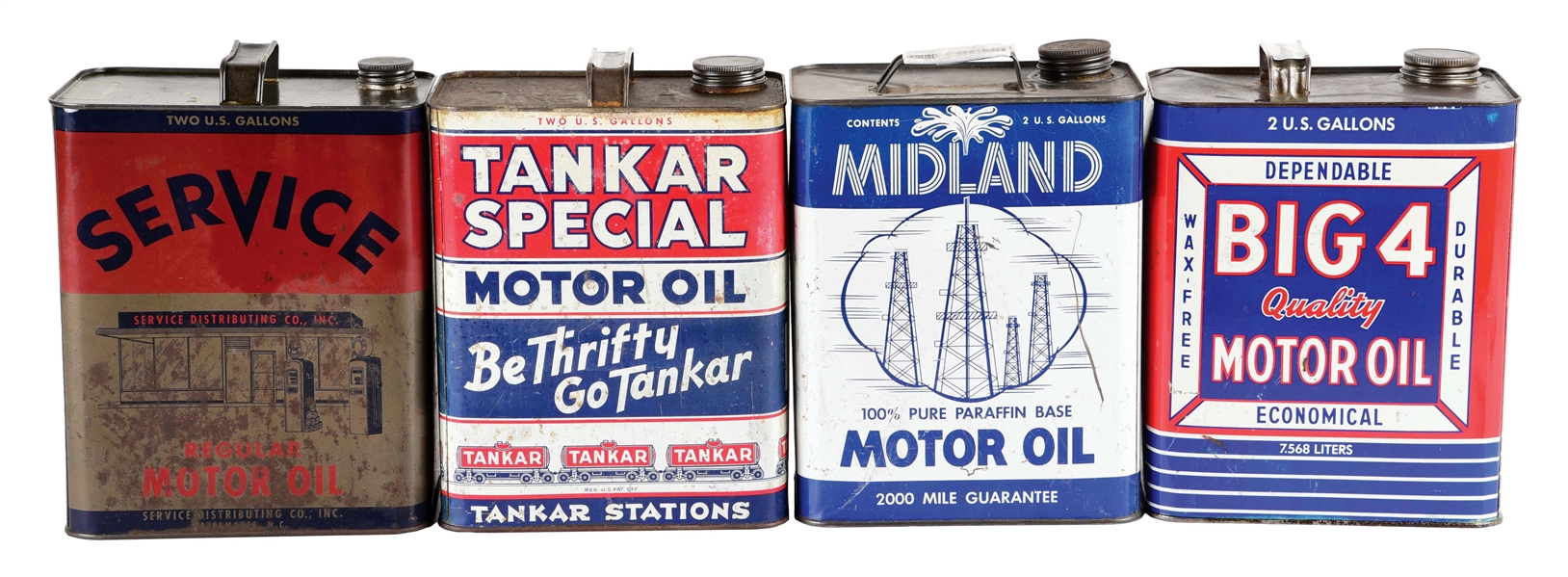 LOT OF 4: TWO GALLON OIL CANS FROM MIDLAND, BIG 4, SERVICE & TANKAR MOTOR OILS. 