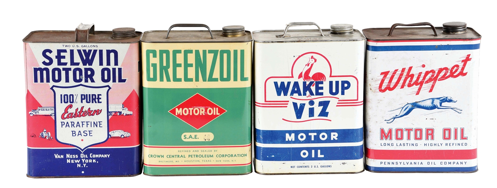 LOT OF 4: TWO GALLON OIL CANS FROM SELWIN, GREENZOIL, WIZ & WHIPPETTE MOTOR OILS. 