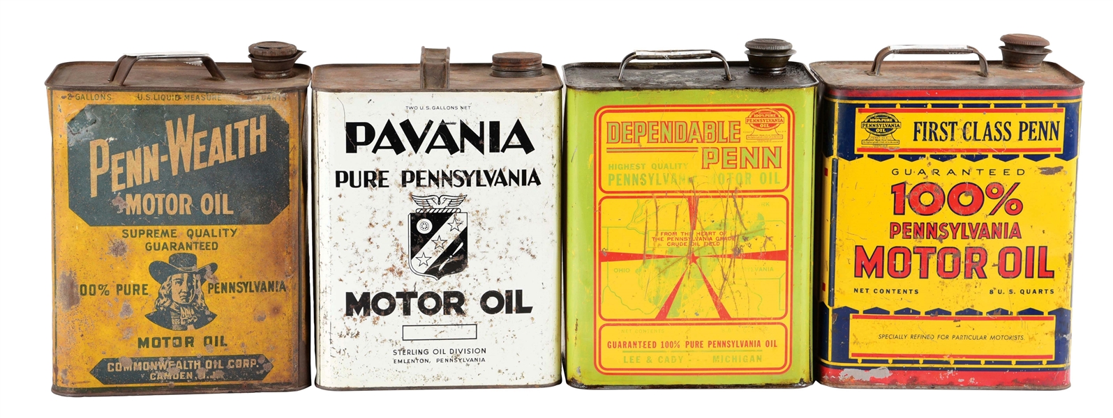 LOT OF 4: TWO GALLON OIL CANS FROM DEPENDABLE PENN, FIRST CLASS PENN, PAVANIA & PENN WEALTH MOTOR OILS. 