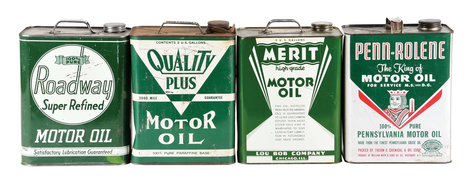 LOT OF 4: TWO GALLON OIL CANS FROM MERIT, PENN-ROLENE, QUALITY PLUS & ROADWAY MOTOR OILS. 