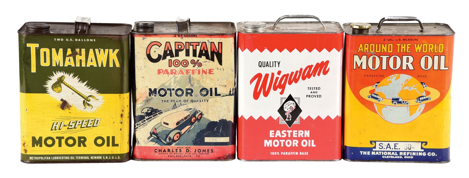 LOT OF 4: TWO GALLON OIL CANS FROM TOMAHAWK, WIGWAM, AROUND THE WORLD & CAPITAN MOTOR OILS. 