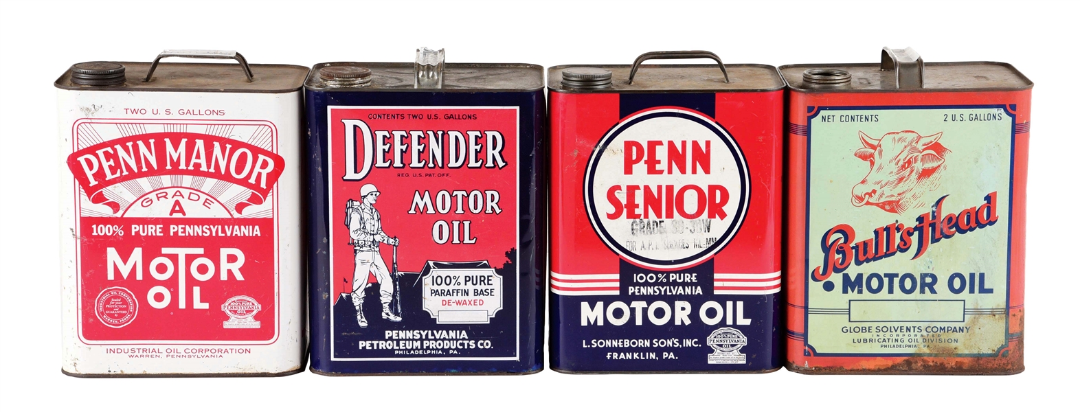 LOT OF 4: TWO GALLON OIL CANS FROM BULLS HEAD, DEFENDER, PENN SENIOR & GRADE A MOTOR OILS. 