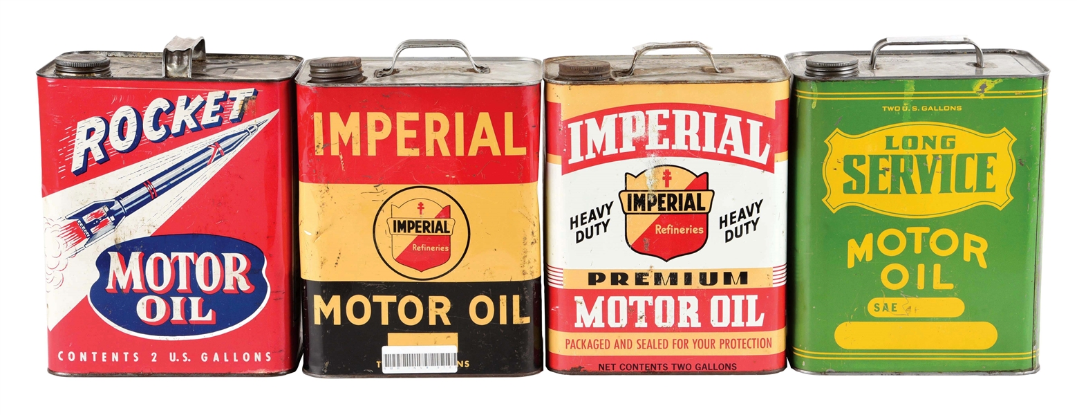 LOT OF 4: TWO GALLON OIL CANS FROM LONG SERVICE, IMPERIAL & ROCKET MOTOR OILS. 