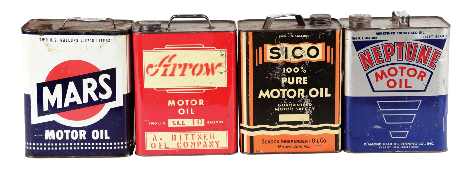LOT OF 4: TWO GALLON MOTOR OIL CANS FROM SICO, MARS, NEPTUNE & DEPENDABLE MOTOR OILS. 