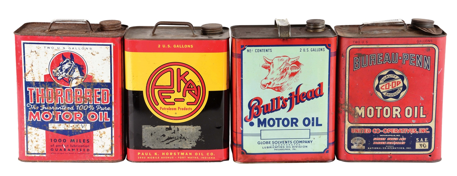 LOT OF 4: TWO GALLON OIL CANS FROM BULLS HEAD, THOROBRED, CO-OP & PE-KAY MOTOR OILS. 