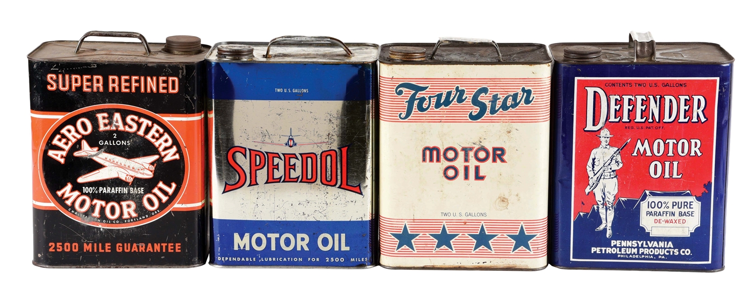LOT OF 4: TWO GALLON MOTOR OIL CANS FROM FOUR STAR, DEFENDER, SPEEDOL & AERO EASTERN. 