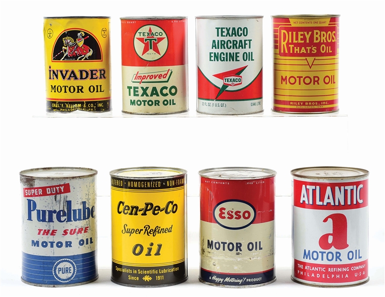 LOT OF 8: VARIOUS ONE QUART MOTOR OIL CANS.
