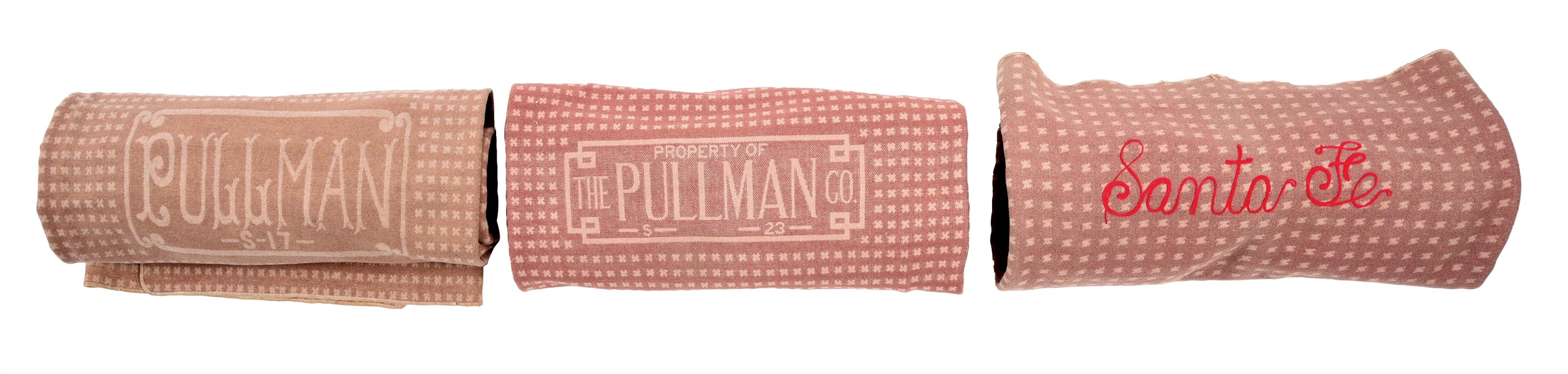 LOT OF 3: RAILROAD BLANKETS FOR SANTA FE AND PULLMAN. 