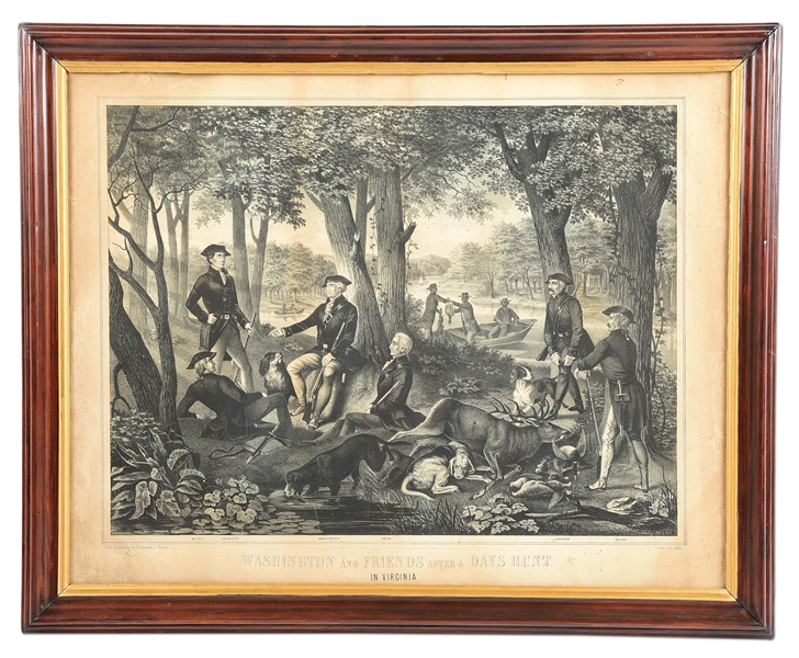 FRAMED "WASHINGTON AND FRIENDS AFTER A DAYS HUNT IN VIRGINIA" PRINT.
