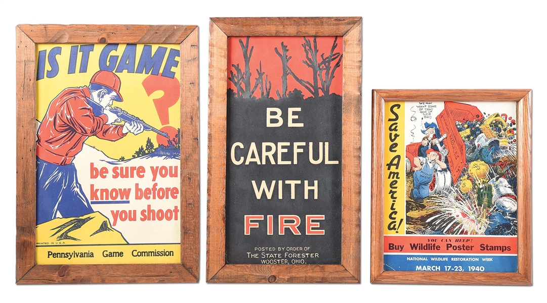 LOT OF 3: FRAMED VINTAGE HUNTING AND ENVIROMENTAL SAFETY POSTERS.