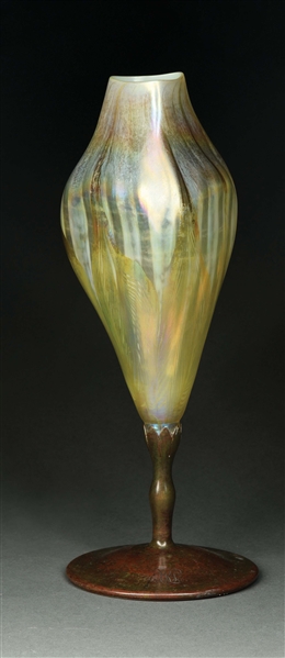 TIFFANY STUDIOS FAVRILE VASE WITH BRONZE STAND.