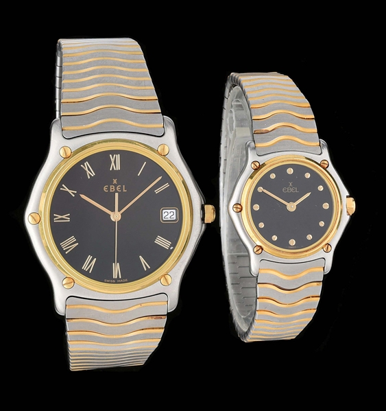 LOT OF 2: HIS & HERS EBEL STEEL/GOLD QUARTZ WRISTWATCHES W/B&P.