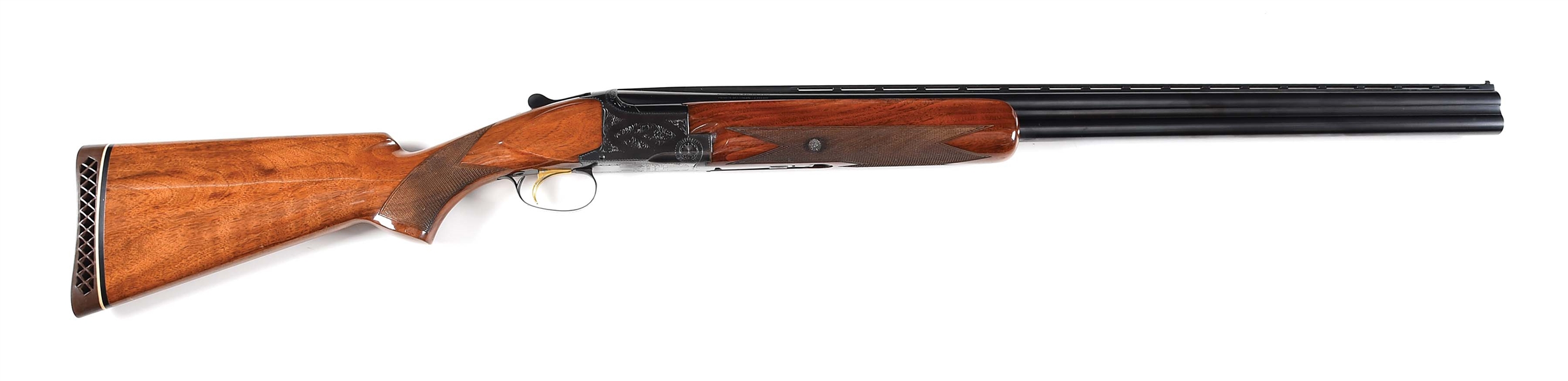 (C) BROWNING SUPERPOSED LIGHTNING 12 BORE OVER UNDER SHOTGUN WITH CASE.