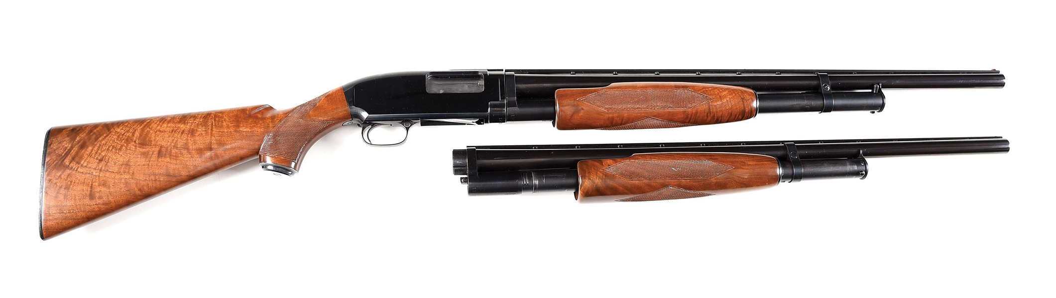 (C) WINCHESTER MODEL 12 SLIDE ACTION SHOTGUN WITH CASE, EXTRA BARREL SET, FROM HOWARD HAWKS, EARLY AMERICAN FILM DIRECTOR.