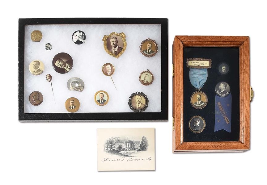 LARGE GROUPING OF THEODORE ROOSEVELT SIGNATURE, BUTTONS, AND PINS.