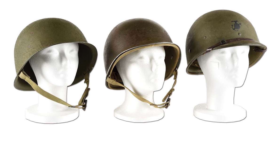 LOT OF 3: HIGH CONDITION US WORLD WAR II FRONT SEAM FIXED BALE M1 HELMET, M1 HELMET WITH HAWLEY FIBER LINER, AND HAWLEY FIBER LINER WITH USMC EGA.