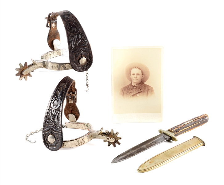 LOT OF 4: WESTERN LOT OF WOSTENHOLM BOWIE KNIFE, SPURS, AND CABINET CARD PHOTO.