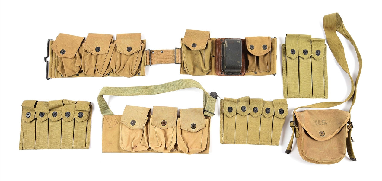 LOT OF 6: US WORLD WAR II THOMPSON SMG DRUM MAG AND STICK MAG POUCHES AND BAR CARTRIDGE BELT WITH BANDOLIER.