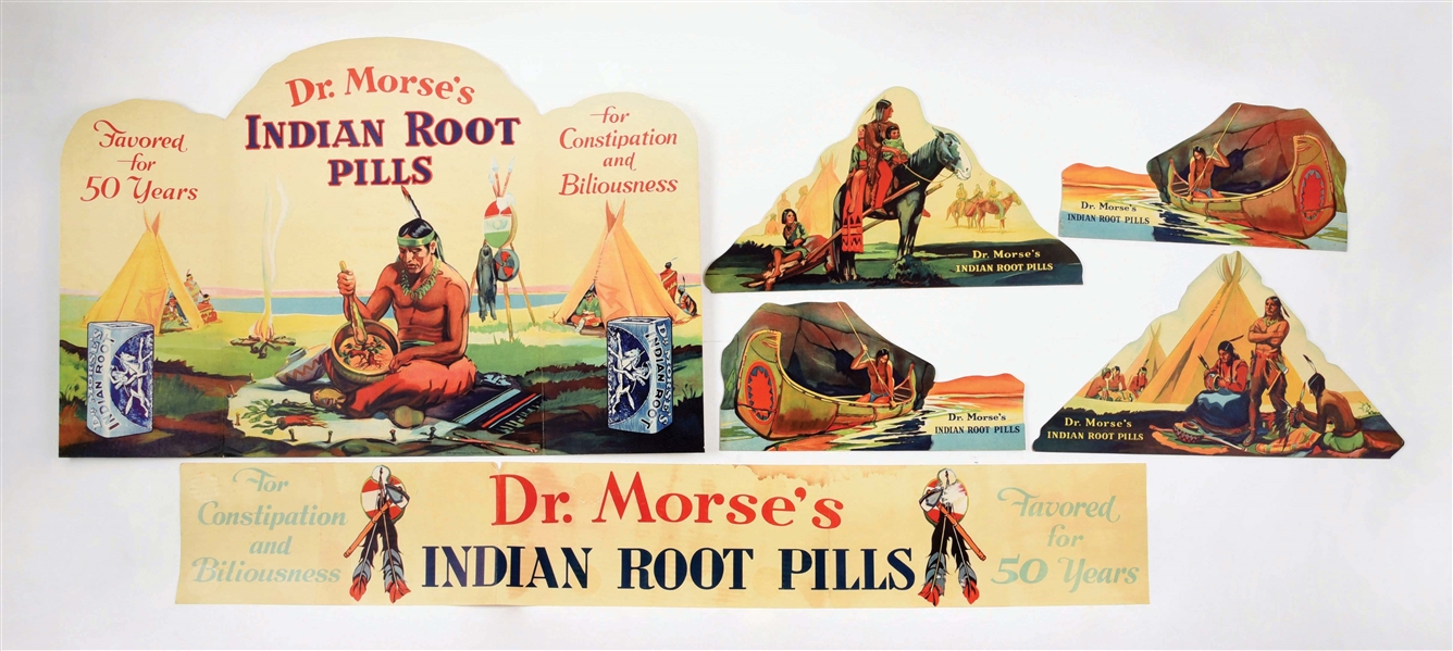 DR MORSES INDIAN ROOT PILLS SIX PIECE CARDBOARD STORE DISPLAY W/ NATIVE AMERICAN GRAPHIC. 