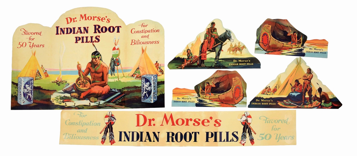 DR. MORSES INDIAN ROOT PILLS SIX PIECE CARDBOARD STORE DISPLAY W/ NATIVE AMERICAN GRAPHIC. 