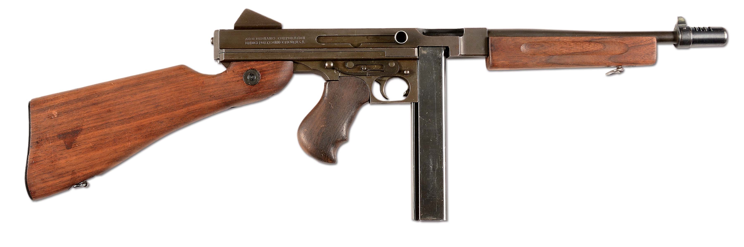 (N) OUTSTANDING WWII ORDNANCE MARKED BRIDGEPORT M1A1 THOMPSON MACHINE GUN WITH ACCESSORIES (CURIO AND RELIC).
