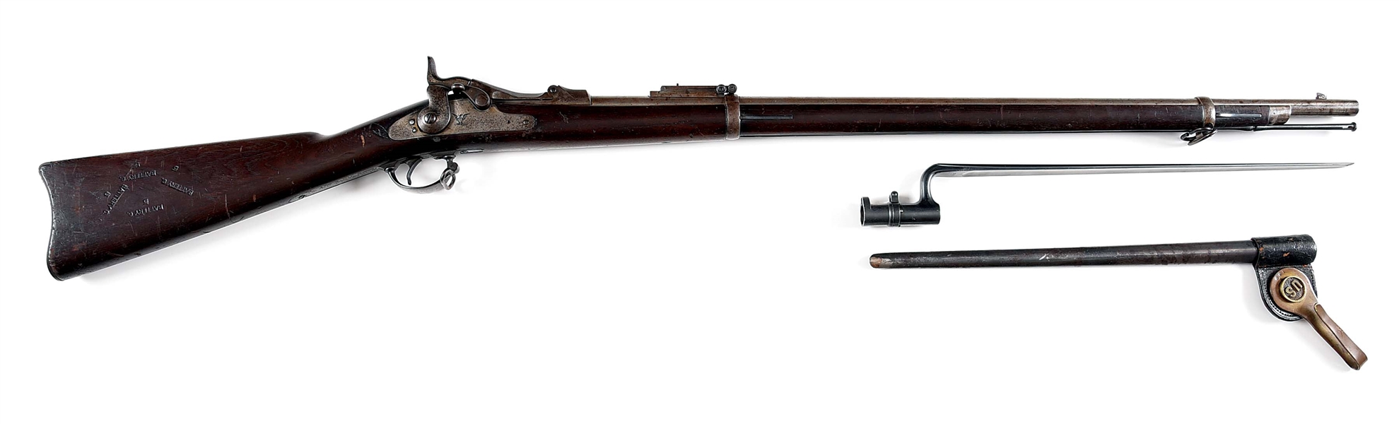 (A) BATTERY C. UNIT MARKED US SPRINGFIELD MODEL 1884 TRAPDOOR RIFLE WITH BAYONET.