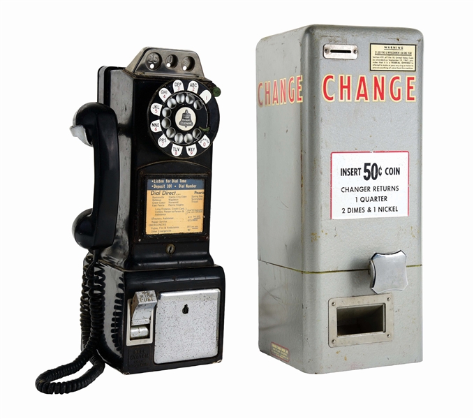 LOT OF 2: BELL TELEPHONE PAYPHONE AND CHANGE MACHINE.