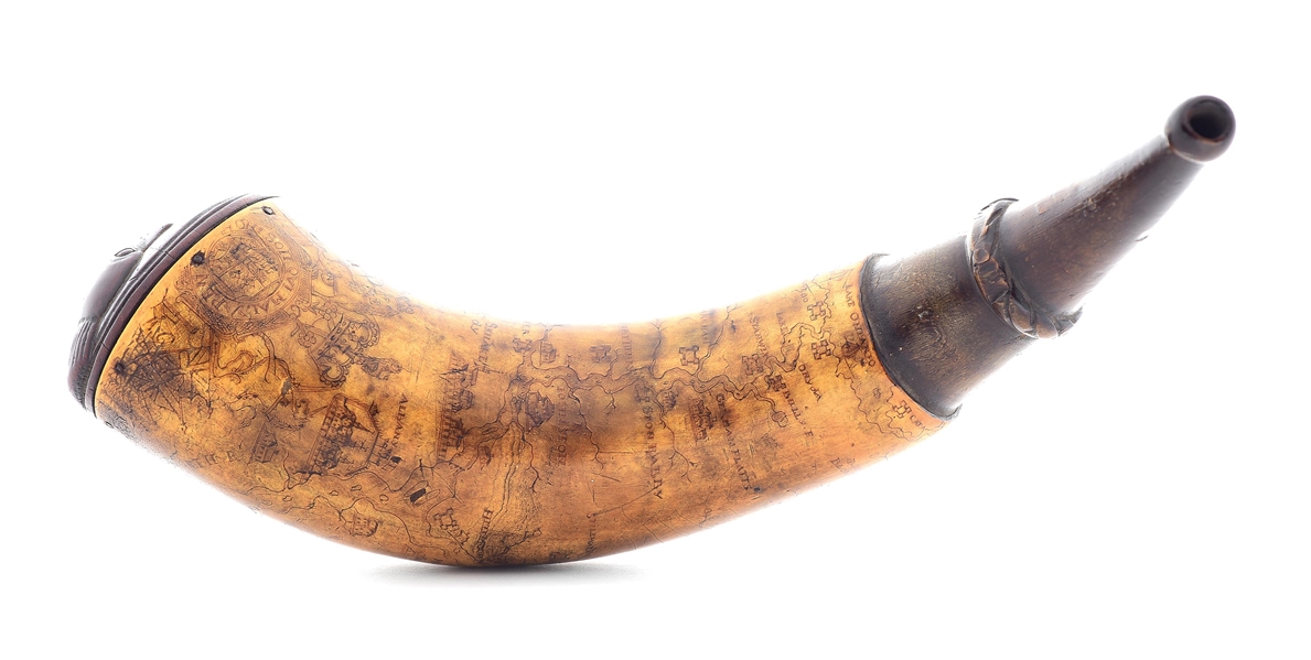 IMPORTANT & ICONIC ENGRAVED "RELIEF CARVED INDIAN" MAP POWDER HORN.