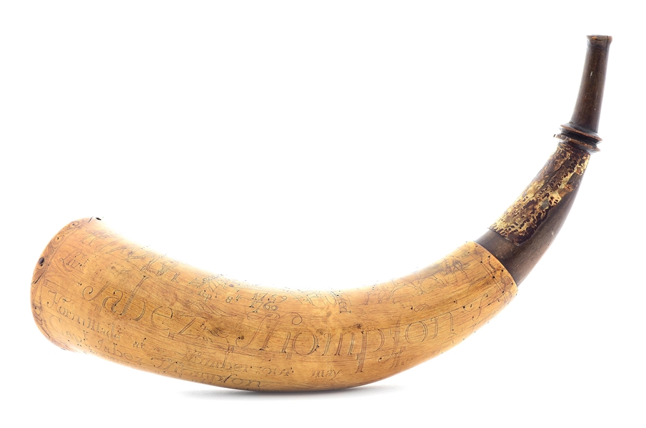 ENGRAVED NAVAL FORT NO. 4 POWDER HORN, DATED 1757, 1758, 1759, 1760 BELONGING TO JABEZ THOMPSON.