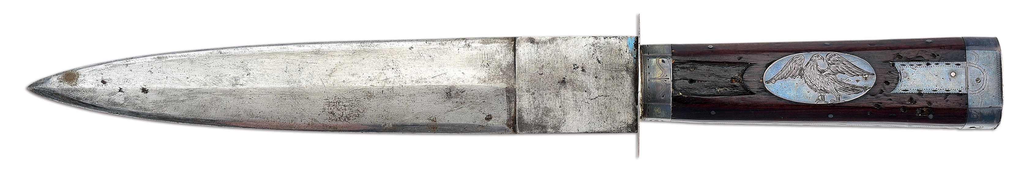 PATRIOTIC EARLY SILVER MOUNTED AMERICAN SCALPING KNIFE, EX. BILL GUTHMAN COLLECTION.
